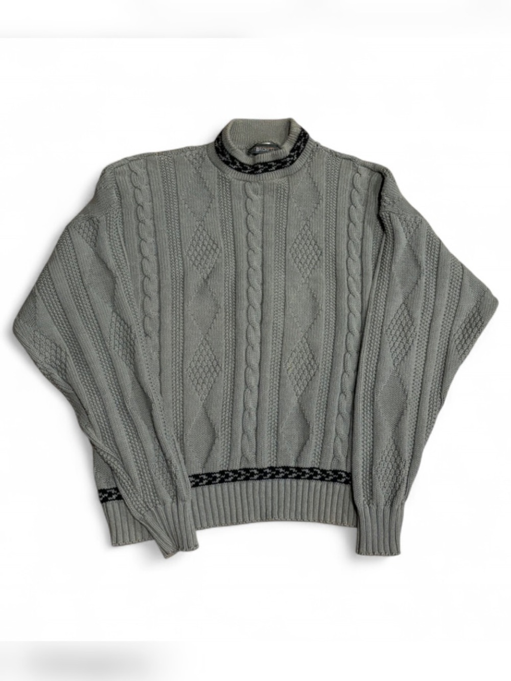 Vintage JT Beckett Gray Cable Knit Mock Neck 100% Cotton Sweater Men’s Large